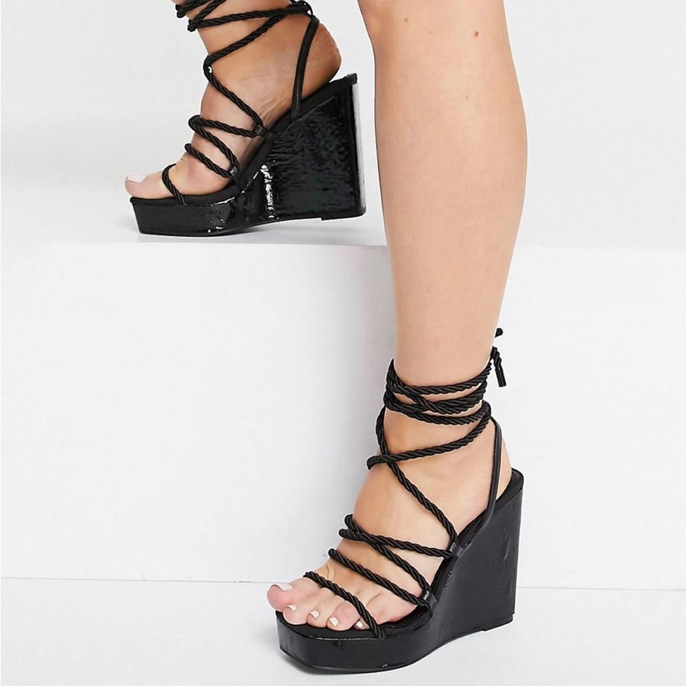 ASOS Black Wedge Sandal with Rope Detail | Size US 8/UK 6